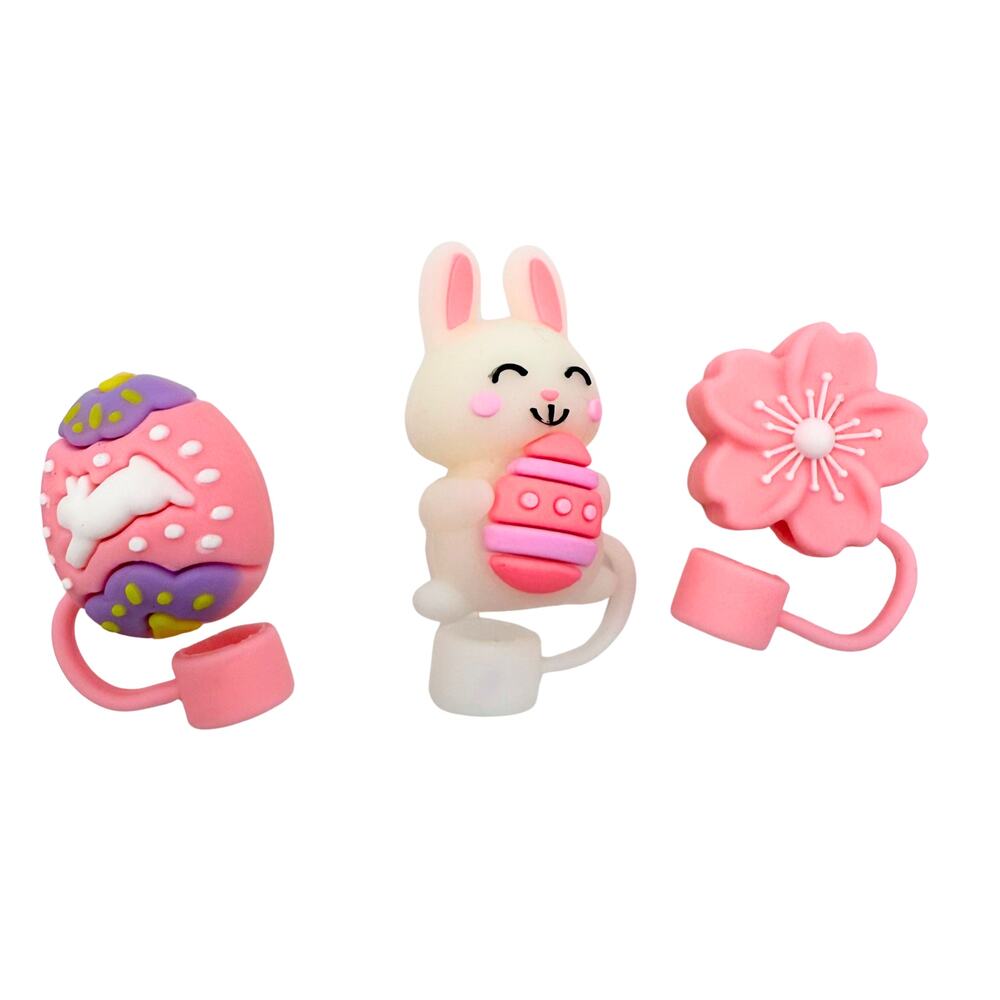 Easter Bunny Egg Blossom Silicone Straw Topper Covers Set of 3 Stocking Stuffers